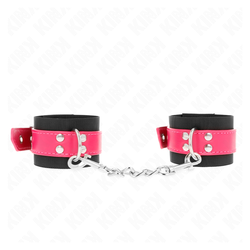 Kink - Nylon Wrist Restraints Black With Leatherette Belt Raspberry Rose Adjustable 19-29 Cm X 5.1 Cm