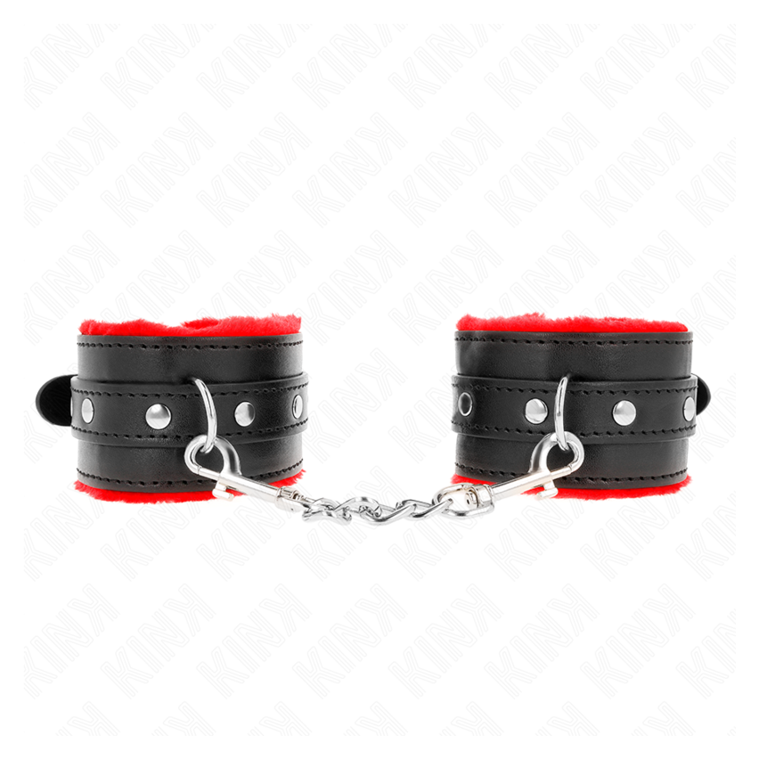 Kink - Premium Fur Lined Wrist Restraints Red With Black Belt Adjustable 17-29 Cm X 6 Cm