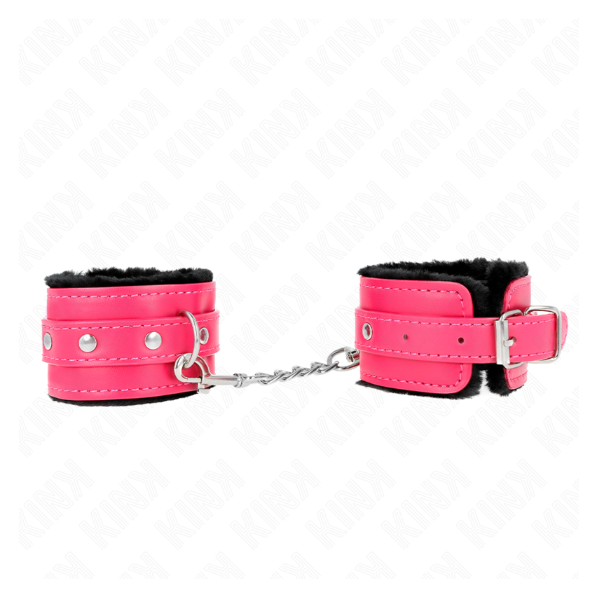 Kink - Premium Fur Lined Wrist Restraints Black With Raspberry Rose Belt Adjustable 17-29 Cm X 6 Cm