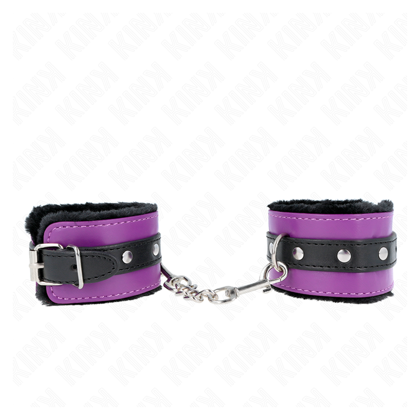 Kink - Premium Fur Lined Wrist Restraints Black With Purple / Black Belt Adjustable 17-29 Cm X 6 Cm